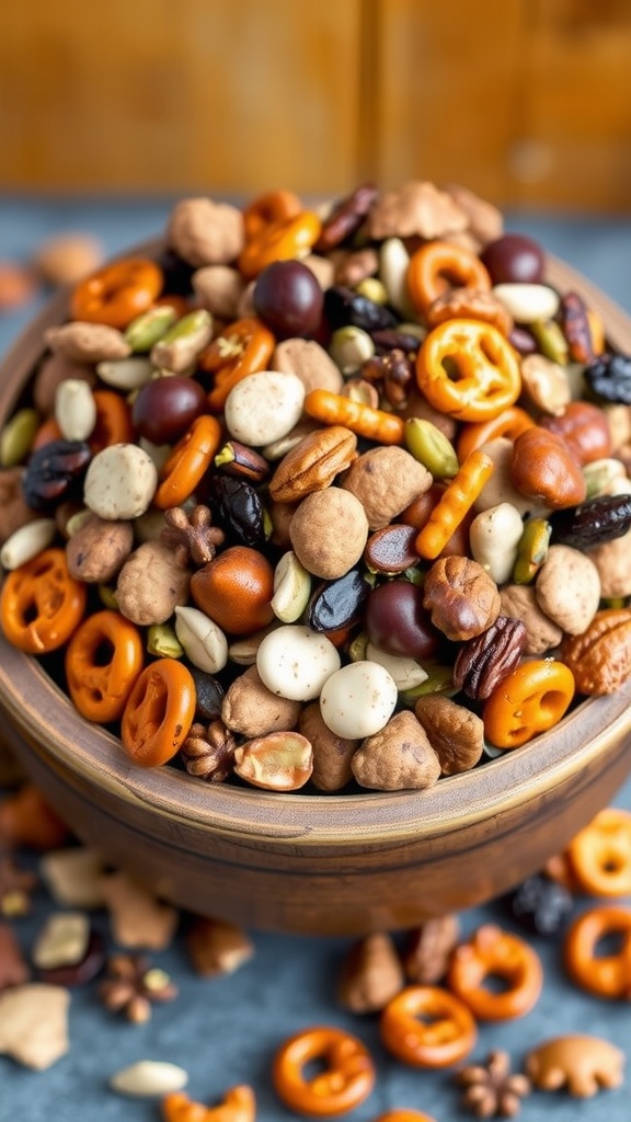 Savory trail mix with nuts, pretzels, and seeds in a rustic bowl.